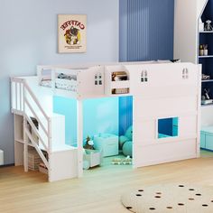 a child's bedroom with a loft bed and stairs