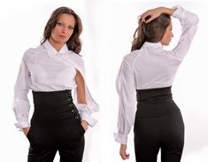 Shirt in non-standard asymetrical style Material: cotton Fabric: cotton-97%elastane-3% Details - band and collar - raglan sleeves - asymmetrical buttoned placket - buttons are on the left side to the sleeve - long sleeves  - double bouttons cuffs - dart pleated cuffs - a hole of the left sleeve SIZES: Tops and Bottoms Size XS                                                                                                  bust- around 34" / 84 cm  waist- around 24''/ 62 cm hips- around 34''/ 86 c Fitted Asymmetrical Office Top, Formal Stretch Cotton Shirt, Formal Stretch Top With Buttons, Elegant Asymmetrical Cotton Top, Modern Fitted Asymmetrical Blouse, Elegant Stretch Blouse With Buttons, Elegant Stretch Shirt For Fall, Chic Asymmetrical Cotton Shirt, Fitted Asymmetrical Office Blouse