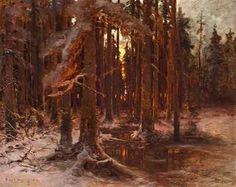 a painting of trees and snow in the woods