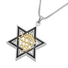 "A magnificent sterling silver Star of David necklace, incorporated with 9K Gold decorative element featured one of the most important Hebrew inscription of 'Ani L'dodi'. This very unique Pendant has quite an uncommon design, it includes a well-known Judaic symbols: the Star of David - the centuries old symbol of Jewish life and continuity and the Hebrew Lettering of 'Ani L'dodi'. The inscription depicts the Hebrew biblical inscription \"Ani L'dodi V'dodi Li\" (Song of Songs 6:3), meaning: \"I a Symbolic Star Of David Engraved Necklace, Silver Engraved Star Of David Necklace, Luxury Silver Star Of David Jewelry, Silver Star Of David Necklace For Formal Occasions, Formal Silver Star Of David Necklace, White Gold Star Of David Spiritual Jewelry, Spiritual White Gold Star Of David Jewelry, Spiritual Star Of David White Gold Jewelry, White Gold Star Of David Polished Jewelry