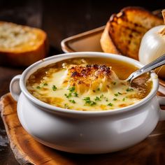 a bowl of soup with bread on the side