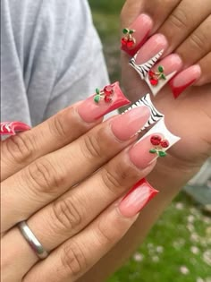 Red French Tip Duck Nails, Red Duck Nails Acrylic, Valentines Day Duck Nails, Valentines Duck Nails, Cherry Inspired Nails, Red Junk Nails, Makeup Nails Designs, Acrylic Nail Set, Nails Coffin Short