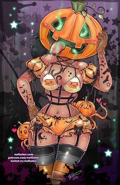 an image of a cartoon character with a pumpkin on her head and cat around her neck