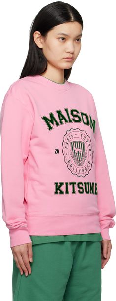 Cotton-blend French terry sweatshirt. · Rib knit crewneck, hem, and cuffs · Logo graphic flocked and embroidered at front Part of the Maison Kitsuné x Hotel Olympia collaboration. Supplier color: Strawberry Pink Hotel, Varsity Sweatshirt, Knit Crewneck, Logo Graphic, Luxury Streetwear, Olympia, French Terry, Designer Fashion, Rib Knit