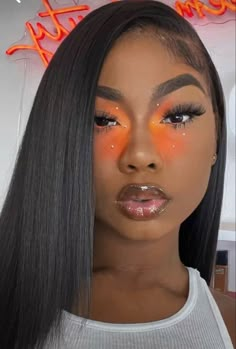 Glamour Makeup Looks, Birthday Makeup Looks, Girl Makeup Tutorial, Orange Eyeshadow, Rhinestone Makeup, Orange Makeup, Brown Skin Makeup, Birthday Makeup