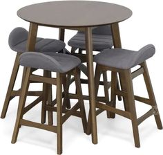 a round table with four stools and a grey seat cushion on the backrest