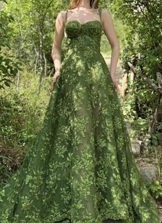 Cottage Core Formal Dresses, Enchanted Garden Prom Dresses, Garden Gala Prom Dress, Cottagecore Prom Dress Green, Cottage Core Dresses Prom, Moss Green Prom Dress, Cottage Core Prom Dresses, Green Prom Dress With Flowers, Hippy Prom Dress