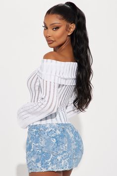 Available In Black And White. Pullover Sweater Long Sleeve Bell Sleeve Off Shoulder Ribbed Disclaimer: Due To The Distressing Process, Each Garment Is Unique Self: 65% Rayon 35% Nylon Imported | Take Your Time Off Shoulder Sweater in White size Small by Fashion Nova White Pullover Sweater, White Pullover, My Shopping List, Off Shoulder Sweater, Take Your Time, White Fashion, White Sweaters, Shoulder Sweater, Long Sweaters