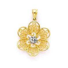 "14K Two-tone solid gold Filigree Flower Charm with rhodium diamond cut accents. Measures 1 1/8\"x3/4\" Also available are the matching earrings, and ring. A wonderful set for that wonderful someone. Made to order. Free shipping." Yellow Gold Filigree Flower Pendant Jewelry, Yellow Gold Filigree Jewelry In Flower Shape, Yellow Gold Filigree Flower Shaped Jewelry, Formal Yellow Gold Flower-shaped Jewelry, Gold Filigree Ring With Diamond Accents, Gold Jewelry With Diamond Cut Flower Pendant, Gold Flower Pendant Jewelry With Diamond Cut, Elegant Gold Filigree Ring With Diamond Accents, Gold Hallmarked Flower-shaped Jewelry