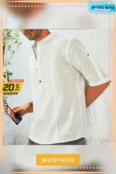 Men's Linen Shirt Summer Shirt Casual Shirt Beach Shirt Henley Summer Spring Short Sleeve White Navy Blue Blue Plain Outdoor Street Clothing Apparel Button-down White Half Sleeve Shirt For Summer, White Half Sleeve Summer Shirt, Summer Shirt With Casual Collar And Buttons, White Shirt With Button Closure For Summer, Relaxed Fit Button Shirt For Summer, White Button Shirt For Summer, Relaxed Fit Summer Shirt With Buttons, White Summer Shirt With Buttons, Summer Half Sleeve Shirt With Placket