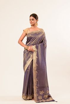 Gray Shimmer Tissue Saree with Matt Gold Floral Handwork Pallu and Border - Image 1 Elegant Embroidered Fabric For Formal Occasions, Traditional Saree With Intricate Embroidery For Formal Occasions, Traditional Formal Saree With Intricate Embroidery, Elegant Banarasi Silk Fabric With Resham Embroidery, Elegant Raw Silk Fabric With Chikankari Embroidery, Elegant Gold Tussar Silk Embroidered Fabric, Formal Unstitched Saree With Intricate Embroidery, Elegant Gold Embroidered Tussar Silk Fabric, Formal Art Silk Fabric With Zari Embroidery