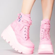 You’re A Brat And You Know It With The Sucker Punch Platform Boots From Demonia. These Cute Festival Boots Feature An All Pink Vegan Suede Upper, Lace-Up Front, Holograph Hardware, Strap And Buckle Details At The Ankle, And Interior Zipper Closure. Throw On These Cute Boots And Let Them Know As Long As You Get What You Want No One Gets Hurt! Sucker Punch Platform Boots 4 1/2" Wedge Platform Microfiber Suede Leather Goth Punk Gogo Knee Boot Double Buckled Ankle Straps Back Zipper Closure Pink Platform Boots Pink, Pink Goth Shoes, Punk Cute Outfits, Chunky Shoes Reference, Cute Pink Boots, Pink Suede Heels With Round Toe, Pink Suede Boots With Round Toe, Pink Ankle-high Leather Platform Boots, Pink Leather Ankle-high Platform Boots