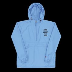 "Light Blue Men Embroidered Champion Windbreaker Packable Jacket, add your logo, image or text on this jacket.   If you choose text, please let us know what color text, what font and size you are interested in at checkout or send us an email.  We will send you an email with the jacket and your logo/image or text on it before we ship it to you. So you can approve it 1st. Add your embroidery designs to this practical half zip pullover Champion Packable Jacket. It's made from wind and rain resistant polyester micro poplin, so it's perfect for outdoor sports and adventures. For convenient storage, the zipped hidden pouch pocket pulls out, and the whole jacket can be packed into it. 100% polyester micro poplin Wind and rain resistant Half zip pullover with a hood Front kangaroo pocket Hidden zi Casual Customizable Blue Outerwear, Champion Windbreaker, Black Trucker Hat, Packable Jacket, Color Text, Men Sweatshirt, Wind And Rain, Champion Hoodie, Half Zip Pullover