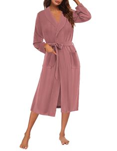 PRICES MAY VARY. SOFT AND FLUFFY: Designed with comfort in mind, Ekouaer women's bathrobe is soft and gentle on the skin, yet fluffy enough to give you the comfort you deserve at all times. Made from high-quality plush material, comfortable fabric lets you fully enjoy a cozy time at home FASHIONABLE DESIGN: An elegant kimono style bathrobe with a belted waist ensures a secure and flattering fit for any body type. With a turndown collar design, front pockets, long sleeves, and a calf-length cut, Knit Kimono, Elegant Kimono, Womens Bathrobes, Knit Loungewear, Robes For Women, Kimono Style, Turndown Collar, Collar Designs, Soft And Gentle