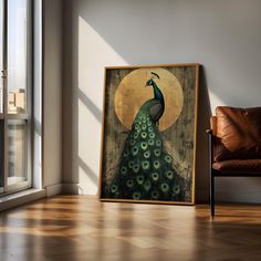 a peacock painting sitting on top of a hard wood floor next to a brown chair