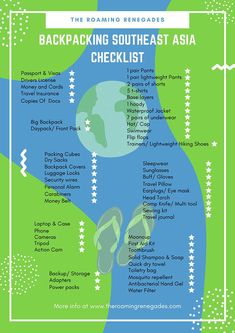 a poster with the names and dates for backpacking southeast asia checklist on it