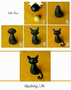 the instructions for making black cat figurines are shown in different positions and sizes