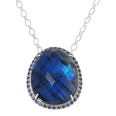 Colleen Lopez Gemstone Doublet Pavé Halo Pendant with Chain Fine jewelry that freshens up fashions. Find that in this charmer of a pendant. Vibrant gems frame the piece's robust gem doublet to give you a design that enlivens ensembles.       Pendant approx. 1-1/8"L x 15/16"W     Chain approx. 18"L x 1/16"W     Stamped .925 sterling silver; rhodium plating; pink rhodium accenting (Mother of Pearl/Pink Sapphire); polished finish      Pendant: hidden bail     Cable-link chain: lobster-claw clasp Elegant Labradorite Necklace With Adjustable Chain, Elegant Labradorite Teardrop Pendant Jewelry, Round Necklaces With Large Stone, Large Stone Round Necklace, Labradorite Necklace With Gemstone Accents For Gift, Labradorite Stone Pendant Necklace, Sapphire Pendant Necklace With Stones, Sapphire Faceted Pendant Necklace, Faceted Sapphire Pendant Necklace