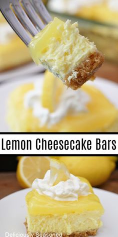 lemon cheesecake bars on a plate with a fork in the foreground and an image of