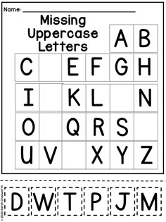 the missing uppercase letters worksheet is shown in black and white, with an outline