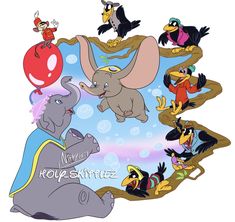 an elephant is surrounded by many birds and other animals in the air, with a red balloon above it