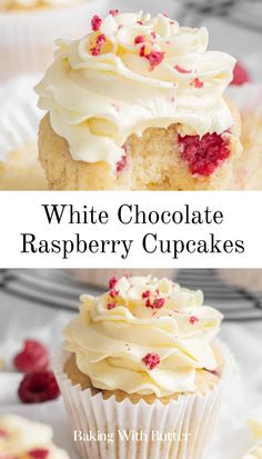 white chocolate raspberry cupcakes with whipped cream frosting