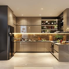 a modern kitchen with stainless steel appliances and marble counter tops, along with dark wood cabinets