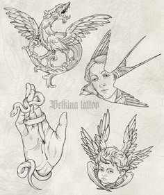 four different tattoo designs on paper with one hand holding a snake, the other holding a bird