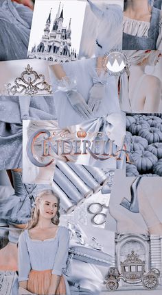 a collage of cinderella images with the castle in the background and princess's dress on display