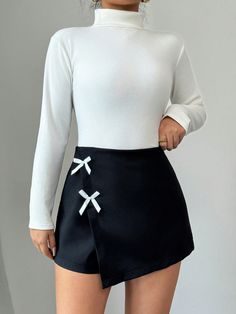 Women's Bow Decor Simple Style Shorts, Casual For Daily Wear Black Casual   Woven Fabric Colorblock,Plain Skort Non-Stretch  Women Clothing, size features are:Bust: ,Length: ,Sleeve Length: Skirt Types, Mini Skirt Winter, Pu Skirt, Bow Decor, Lingerie Costume, Style Shorts, Shorts Casual, Vest Fashion, Black Mini Skirt