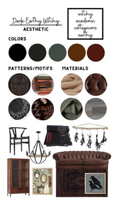 a collage of different furniture and accessories with the words dark earthy holiday colors