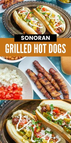 there are many different types of grilled hot dogs on the table with rice and vegetables