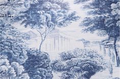 a blue and white wallpaper with trees on it