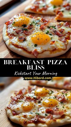 breakfast pizza with eggs and bacon on it sitting on a cutting board next to the words breakfast pizza kick start your morning