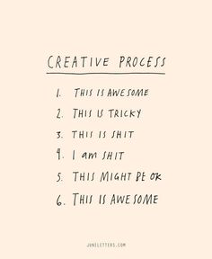 the words creative process written in black ink on a white paper with a pink background