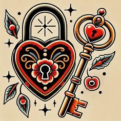 a heart shaped lock and key tattoo design