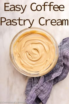 coffee pastry cream recipe in a glass bowl on a marble surface with the title above it