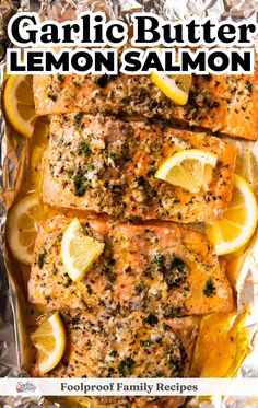 This Baked Lemon Garlic Butter Salmon is a quick dinner option that's both easy to make and delicious. The salmon is baked with a flavorful lemon garlic butter sauce, making it perfect for busy weeknights. Serve with your favorite sides for a complete meal. Salmon Filet Recipes Baked, Baking Salmon In Oven, Garlic Butter Salmon Baked, Salmon Filet Recipe, Baked Salmon Fillet, Lemon Garlic Butter Salmon, Baked Salmon In Foil, Lobster And Shrimp, Cooking Salmon Fillet