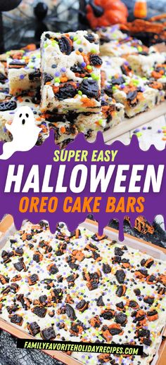 halloween oreo cake bars with sprinkles and candy on the top are ready to be eaten