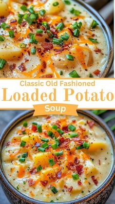 two pictures showing different types of loaded potato soup