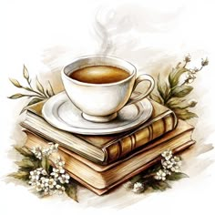 a cup of coffee sitting on top of two books