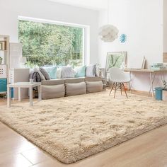 a living room filled with furniture and a large rug on top of a hard wood floor