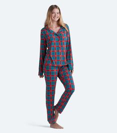 Women's Modal PJ Set Pj Sets, Blue Moon, Women Long Sleeve, Gingham, Pajama Pants, Lounge Wear, Two Piece, Sleep, Plaid