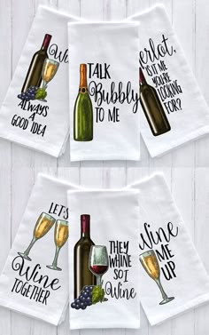 four napkins with wine bottles and glasses on them