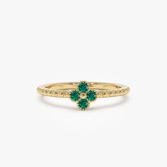 Emerald Ring / 14k Gold Emerald Clover Ring / Dainty Stacking Ring / Unique Emerald Trendy Ring / May Birthstone Birthday Gift ▶ Details   * Made to Order. * Gold KT: 14K Solid Gold (also available in 18K & Platinum upon request) * Custom Gold Color: Rose Gold, Yellow Gold, White Gold * Round Emeralds: 4 pcs x 2.0 MM  * Total CTW: 0.12 ctw * Ready to Ship in 3-10 Business Days ▶ See more of our Emerald Jewelry - https://etsy.me/3QCyZBQ  ▶ See our storefront here - http://etsy.me/2lUcVnH  ▶ All store sections here  Diamond Rings - http://etsy.me/2lwKUl8  * Diamond Earrings - http://etsy.me/2lyqVBP  * Diamond Necklace - http://etsy.me/2mqa6O1  * Diamond Bracelets - http://etsy.me/2mVrAB5  * Diamond Wedding Rings - https://etsy.me/3YbpVq2  * Gold Wedding Band - https://etsy.me/3X3uf9F  * Gold Emerald Cluster Ring In Yellow Gold For Promise, Fine Jewelry Cluster Ring With May Birthstone For Anniversary, Yellow Gold Emerald Cluster Ring For Promise, Fine Jewelry Flower Ring With May Birthstone, May Birthstone Cluster Ring For Anniversary, Green 14k Gold Rings For Anniversary, May Birthstone Ring In Yellow Gold With Halo Setting, Yellow Gold Flower Promise Ring For May Birthstone, Emerald Cluster Ring In Yellow Gold For May Birthstone