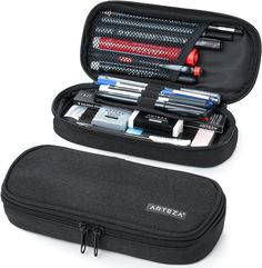 ARTZ-4446 Pencil-Holders, Black All-in-One Pencil Organizer and Bag: This black pencil case features a main compartment with a mesh pocket and 4 slots for pens and pencils. Item Package Dimension: 8.89L x 4.72W x 1.57H inches Item Package Weight - 0.17 Pounds Item Package Quantity - 1 Product Type - CARRIER BAG CASE Compact, Durable Pencil Pouch Design We designed our black pencil case so that you can stay organized all year round. This compact soft pencil case is made of durable polyester fabric. Our pen pouch has one large zipper compartment with a mesh pocket and 4 slots for your pens and pencils. What We Love About Our Arteza Pencil Case: Zipper closure to keep your supplies secure. Mesh inner pocket and 4 pencil and pen slots. Compact and made of durable polyester fabric. Our Arteza G Back To School Pencil-shaped Organizer With Zipper, Functional Black Organizer With Zipper Pouch, Functional Organizers With Pen Holders For Personal Use, Functional Travel Organizers With Pen Holders, Functional Travel Organizer With Pen Holders, Black Portable Pencil-shaped Pencil Case, Black Rectangular Pencil Case With Pen Holders, Functional Pencil Case With Pen Holders For Organization, Black Pencil Case For School