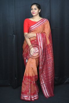 Weaver communities of Maniabandha and Nuapatana of Odisha traditionally weave this kind of saree. Common motifs are star, temple, conch, rudraksh, fish, chakra, lotus etc. The inspiration of all its designs comes from nature. It is the best of single ikat; one of warp and weft is tied and dyed prior to weaving. The borders and the pallas have tremendous variety and each one of them is attractive and praiseworthy. Specification:  Occasion: Festive Wear Fabric: Khandua Cotton Primary Color: Brown Orange Handloom Pre-draped Saree For Puja, Festival Pre-draped Chanderi Saree With Woven Motifs, Traditional Bandhani Print Wear For Puja, Traditional Bandhani Wear For Puja, Traditional Festive Wear For Diwali, Traditional Pre-draped Saree With Woven Motifs For Diwali, Traditional Handloom Pre-draped Saree For Diwali, Traditional Pre-draped Saree With Bandhani Print For Puja, Traditional Pre-draped Bandhani Print Saree