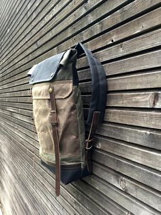 Waxed canvas backpack / rucksack with folded top and waxed Waxed Canvas Backpack, Backpack Design, Backpacks Travel, Everyday Backpack, Canvas Backpack, Backpack Travel Bag, Waxed Canvas, Designer Backpacks, Backpack Purse