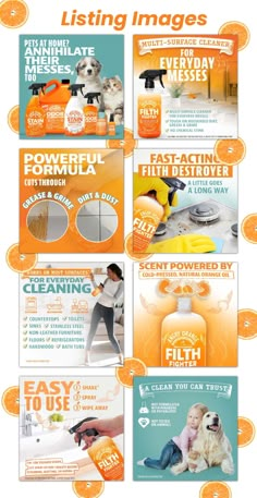 an advertisement for cleaning products with oranges and white lettering on the bottom right corner