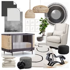 a baby's room with furniture and decor in shades of gray, white, and black